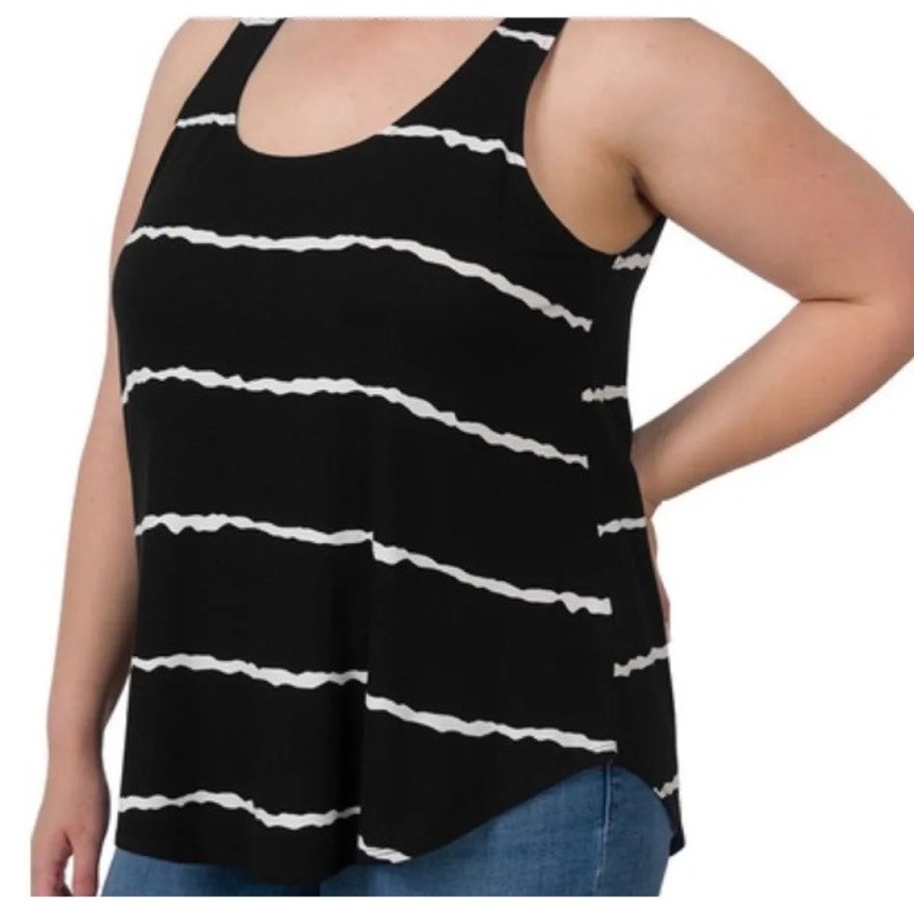 Zenana Womens Plus 1X Black White Striped Sleeveless Tank Top NEW- 1X